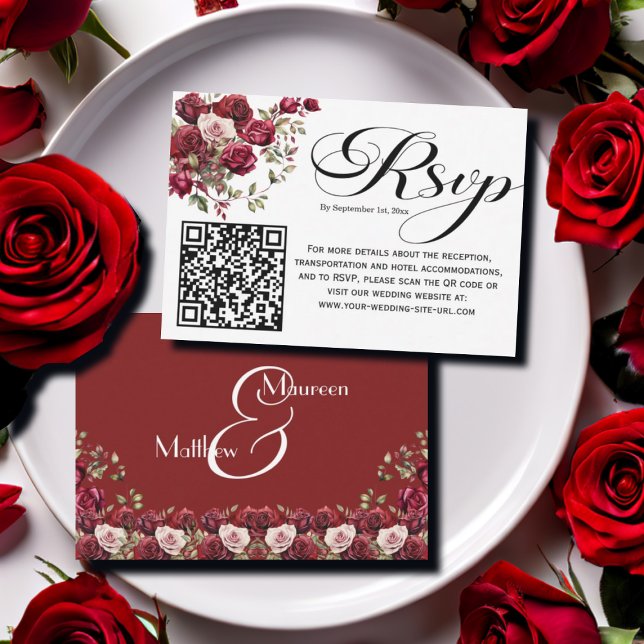 Placa RSVP de Código QR de Script Moderno Floral d (Criador carregado)
