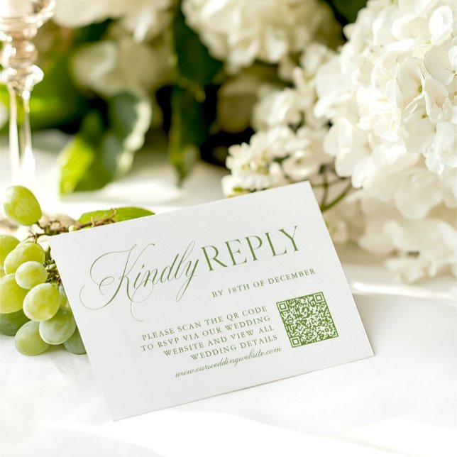 Placa RSVP de Código QR Verde e Branco Elegante (Elegant Sage Green & White QR Code RSVP Card)