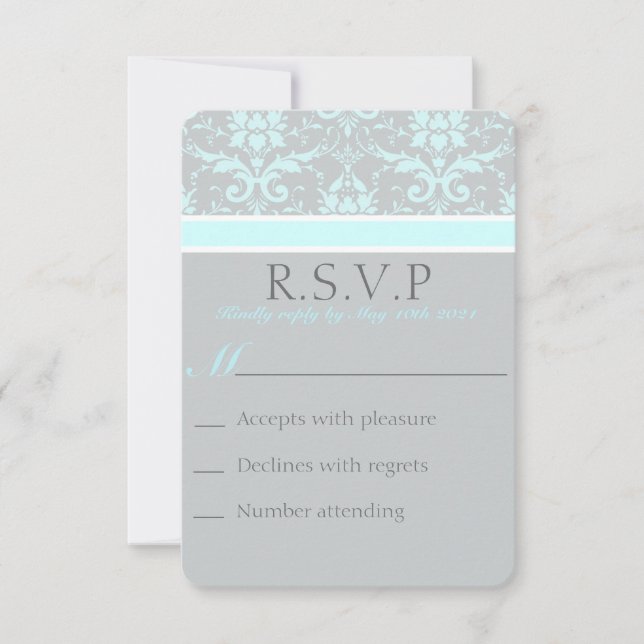 Placa RSVP de Damasco Azul Elegante (Frente)