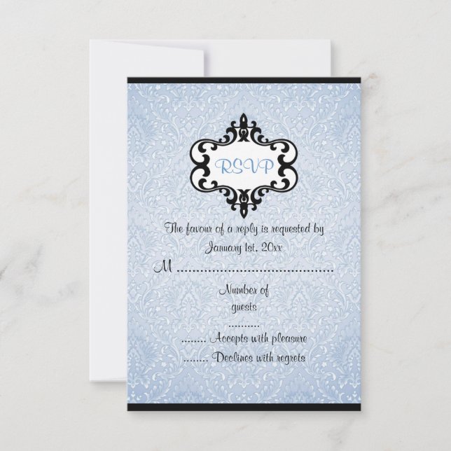 Placa RSVP de Damasco para Chic Azul e Preto Elega (Frente)
