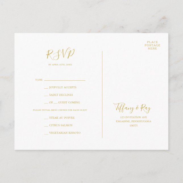 Placa RSVP de Escolha de Menu Dourado Elegante Sim (Verso)