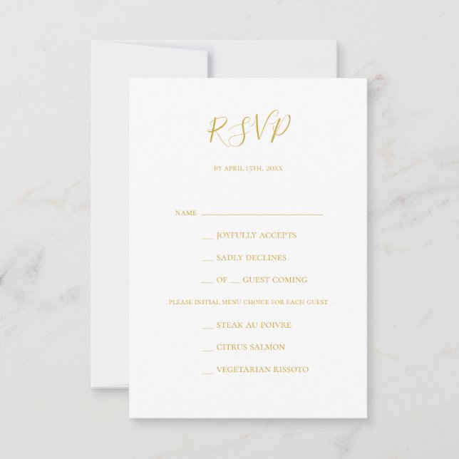 Placa RSVP de Escolha de Menu Dourado Elegante Sim (Frente)