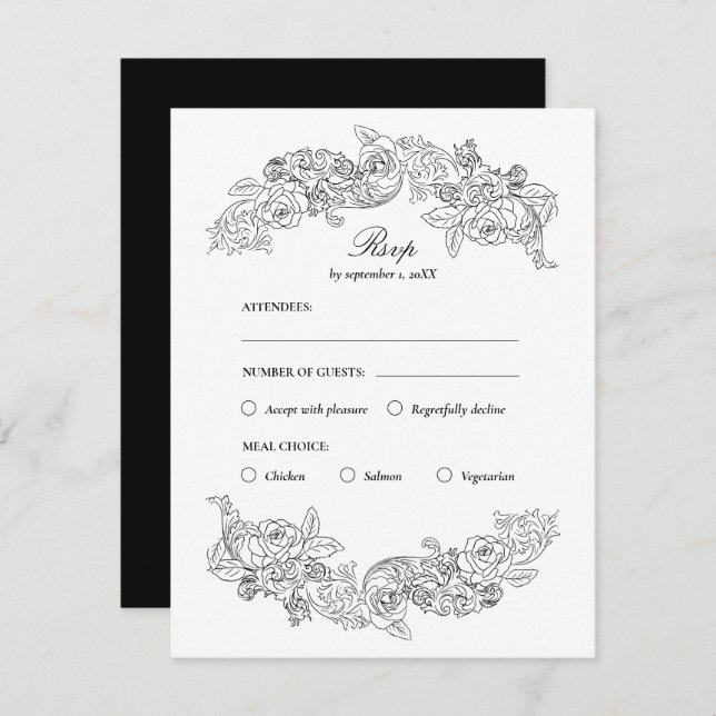 Placa RSVP de escolha de refeição do Rococo preto  (Frente/Verso)