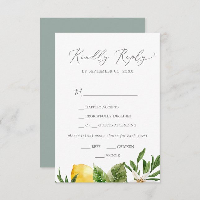 Placa RSVP de Escolha do Menu do Moderno Lemon Gar (Frente/Verso)