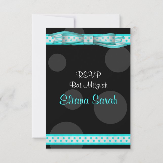 Placa RSVP de Fita de Bolinhas Pretas Aqua Mitzvah (Frente)