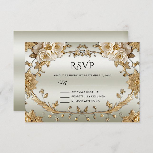 Placa RSVP de Flores Brancas do Ornamentado ouro (Frente/Verso)