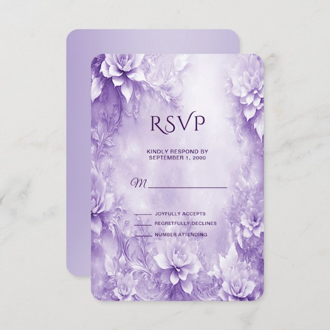 Placa RSVP de Flores Brancas Roxas (Frente/Verso)
