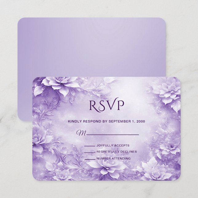 Placa RSVP de Flores Brancas Roxas (Frente/Verso)