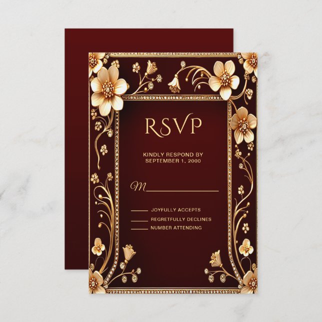 Placa RSVP de Flores de Ouro Burgundy (Frente/Verso)
