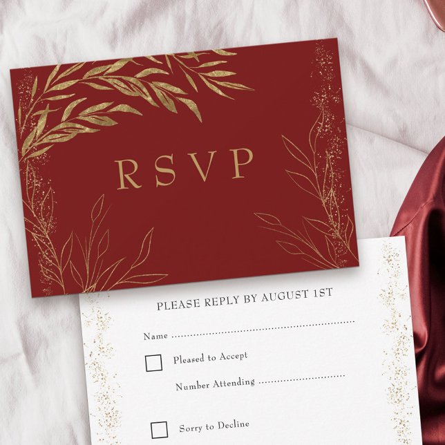 Placa RSVP de Folha Elegante Vermelha e Dourada (Response card with editable rsvp date in red and gold, from my Gold Leaf Collection
)