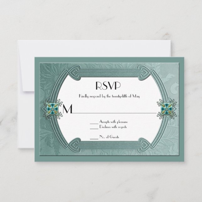 Placa RSVP de Jewels Teal Damask Elegante (Frente)