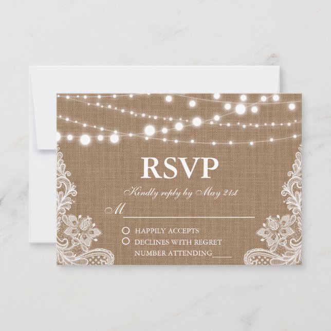 Placa RSVP de Luzes de Corda de Burlap Rustic (Frente)