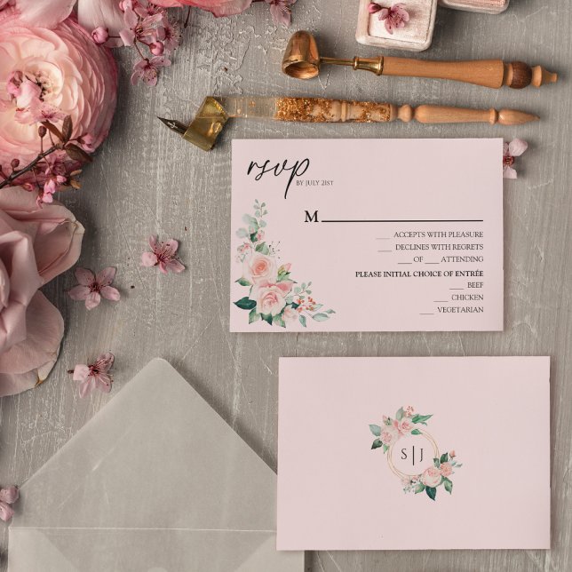 Placa RSVP de Menu de Casamento Rosa Floral Blush (Criador carregado)