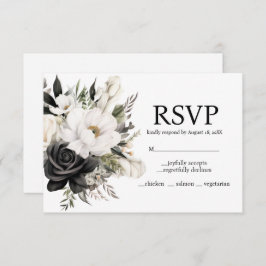Placa RSVP de Opções de Menu Floral Preto e Branco