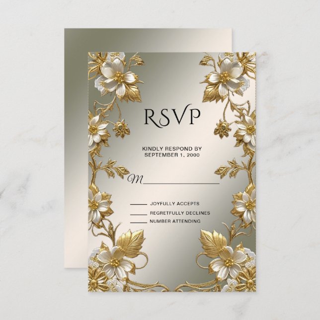Placa RSVP de Ornamentado Dourado Branco Floral (Frente/Verso)