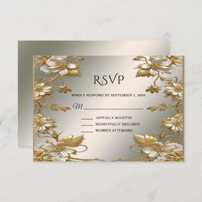 Placa RSVP de Ornamentado Dourado Branco Floral (Frente/Verso)