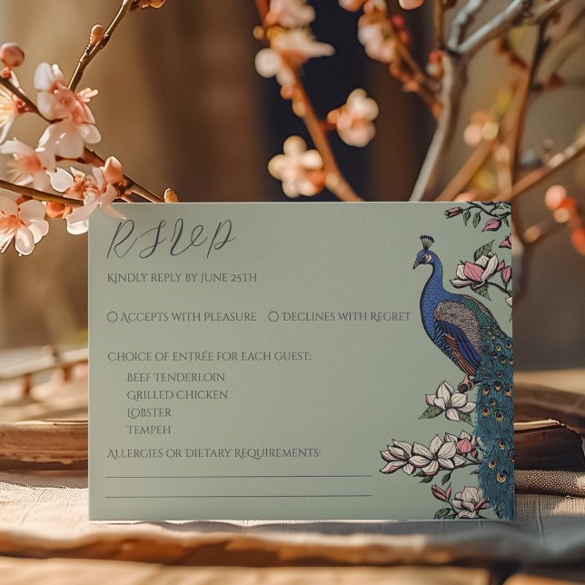 Placa RSVP de Peacock Verde de Sage Simples (Elegant Sage Green RSVP Card for Wedding Ceremonies. Hand Drawn Floral Chinoiserie Peacock & Flowers)