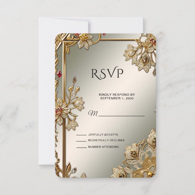Placa RSVP de Quadro Floral de Ornamentado Dourado (Frente)