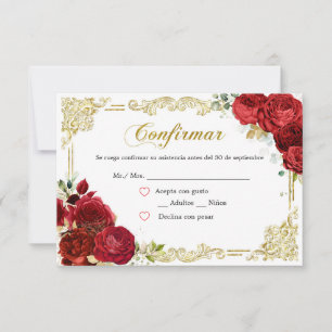 Placa RSVP de Quinceañera Dourada rosa vermelha