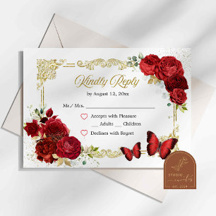 Placa RSVP de Quinceañera Dourada rosa vermelha