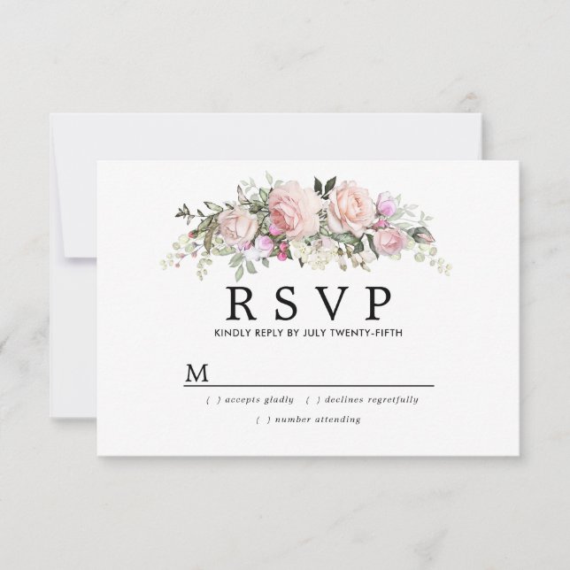 Placa RSVP de Quinceanera Floral Rosa-Blush Russo (Frente)