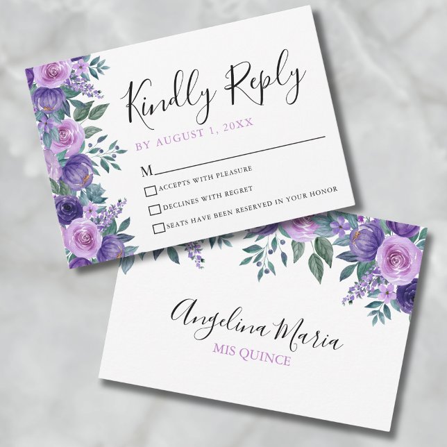 Placa RSVP de Quinceanera Puro Floral (Floral Purple Quinceanera RSVP Card)