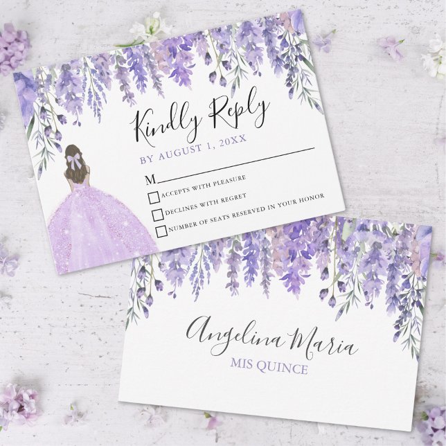 Placa RSVP de Quinceanera Purple Lavanda Floral (Floral Lavender Purple Quinceanera RSVP Card)