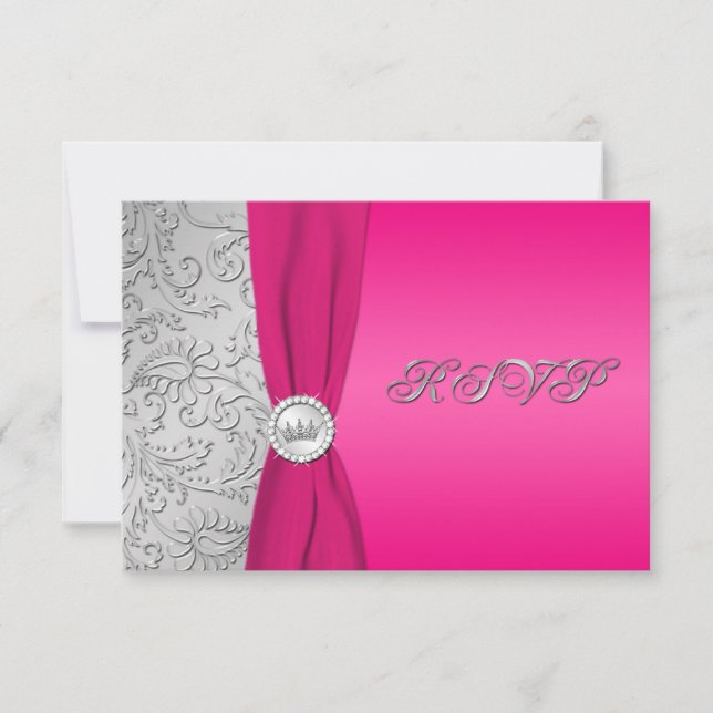 Placa RSVP de Quinceanera, rosa e prata Damasco, (Frente)