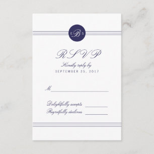 Placa RSVP de Resposta de Monograma Branco Azul Ma
