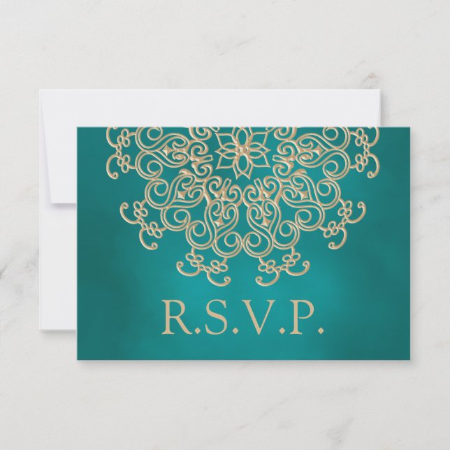 PLACA RSVP DE RESPOSTA INDIANA TEAL E DOURADA (Frente)