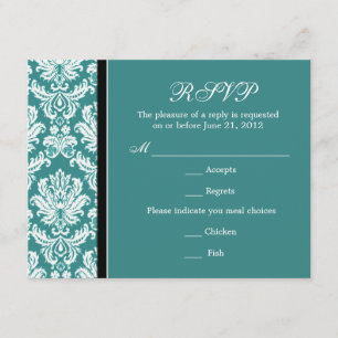 Placa RSVP de Teal Damask Clássica