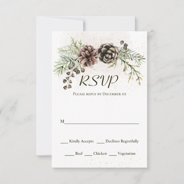 Placa RSVP do Casamento no inverno Pine Cones Gree (Frente)