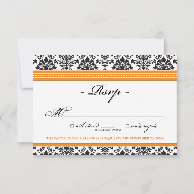 Placa RSVP do Damask Elegante (laranja) (Frente)