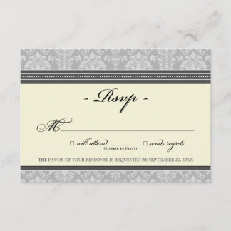 Placa RSVP do Damask Elegante (prata/creme)