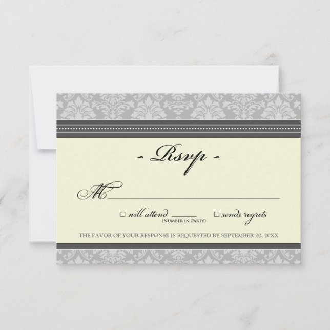 Placa RSVP do Damask Elegante (prata/creme) (Frente)