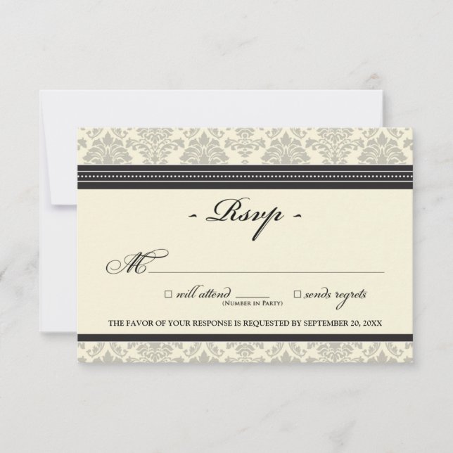 Placa RSVP do Damask Elegante (preto/creme) (Frente)