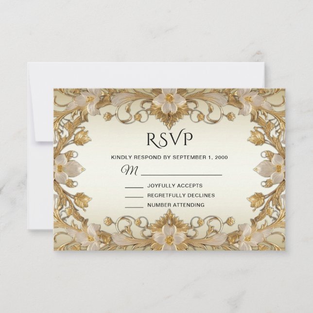 Placa RSVP Dourada decorativa de flores brancas (Frente)