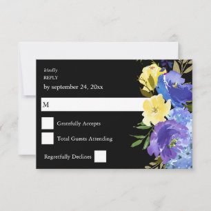 Placa RSVP Floral Azul e Amarela - Preto