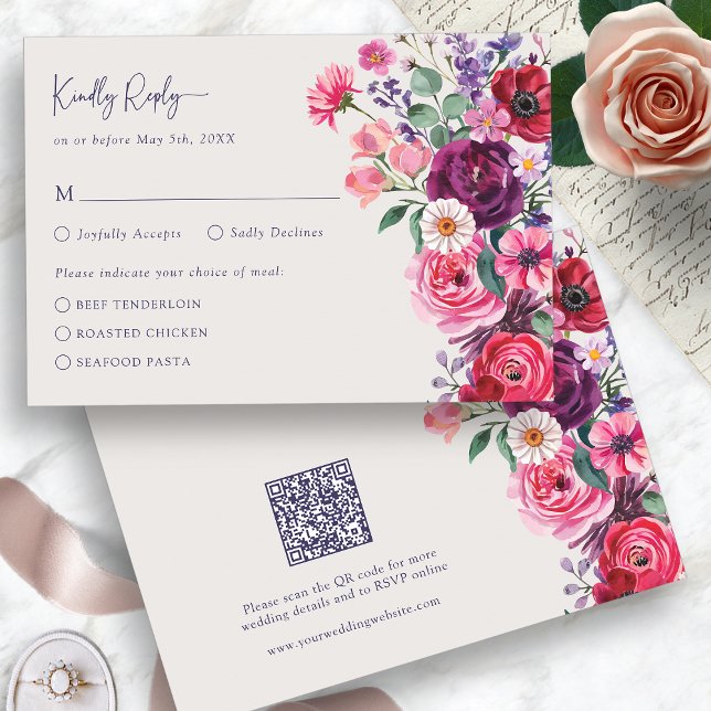 Placa RSVP Floral Bold (Bold Jewel Tone Watercolor Floral RSVP Card with QR Code by Painted Paperie
)