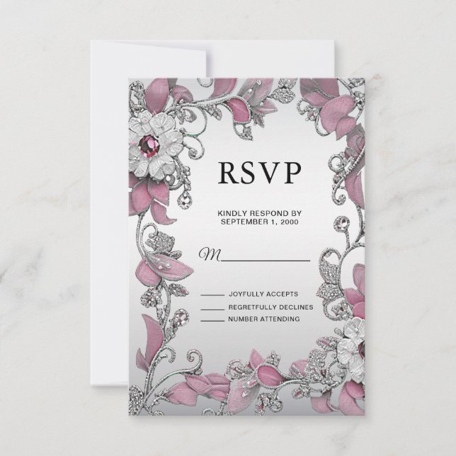 Placa RSVP Floral Branca de Prata Rosa (Frente)