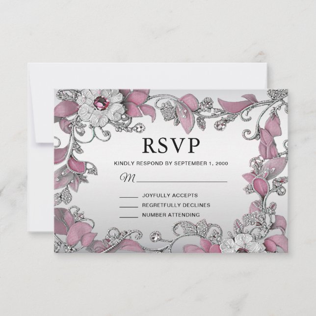 Placa RSVP Floral Branca de Prata Rosa (Frente)