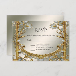 Placa RSVP Floral Branca do Ornamentado Dourado