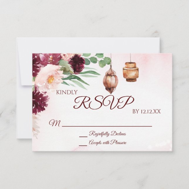 Placa RSVP Floral Burgundy Boho Lanterna Watercolo (Frente)