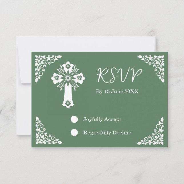 Placa RSVP Floral Cross Christening Fern Green (Frente)