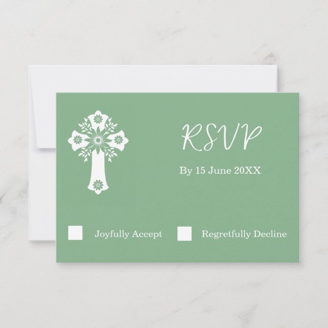 Placa RSVP Floral Cross Christening Sage Green (Frente)