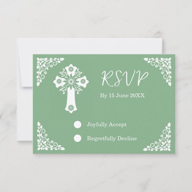 Placa RSVP Floral Cross Christening Sage Green (Frente)