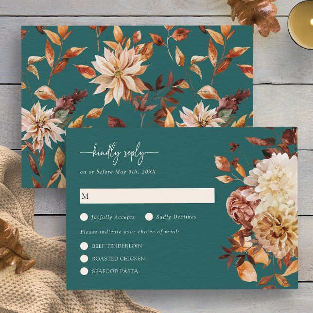 Placa RSVP Floral de Folga Teal (Rustic Teal Fall Leaves Floral RSVP Card by Painted Paperie
)