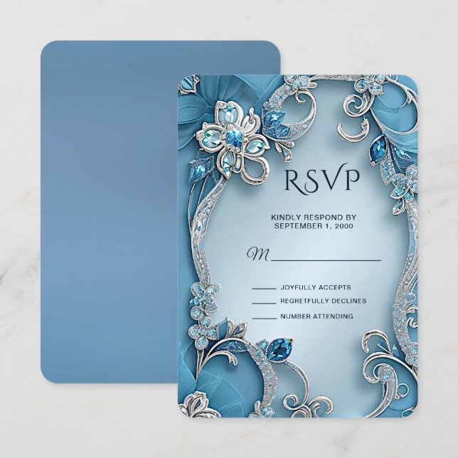 Placa RSVP Floral de Ornamentado Azul (Frente/Verso)