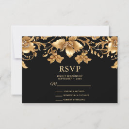 Placa RSVP Floral de Ornamentado Preto Dourada