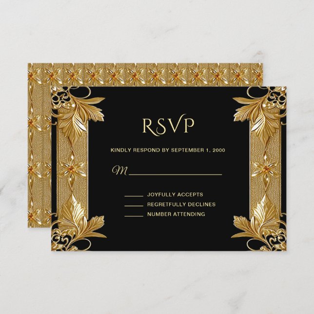 Placa RSVP Floral de Ornamentado Preto Dourada (Frente/Verso)
